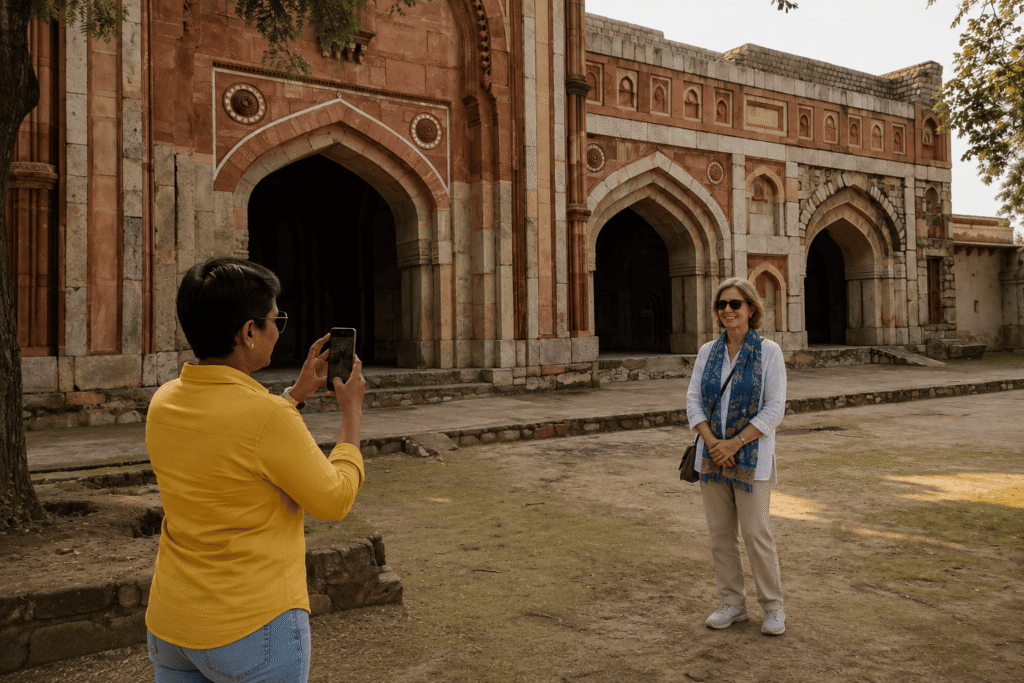 Delhi tour guide taking a photo of a visitor in front of the red sandstone arches at Jamali Kamali Mosque in Mehrauli