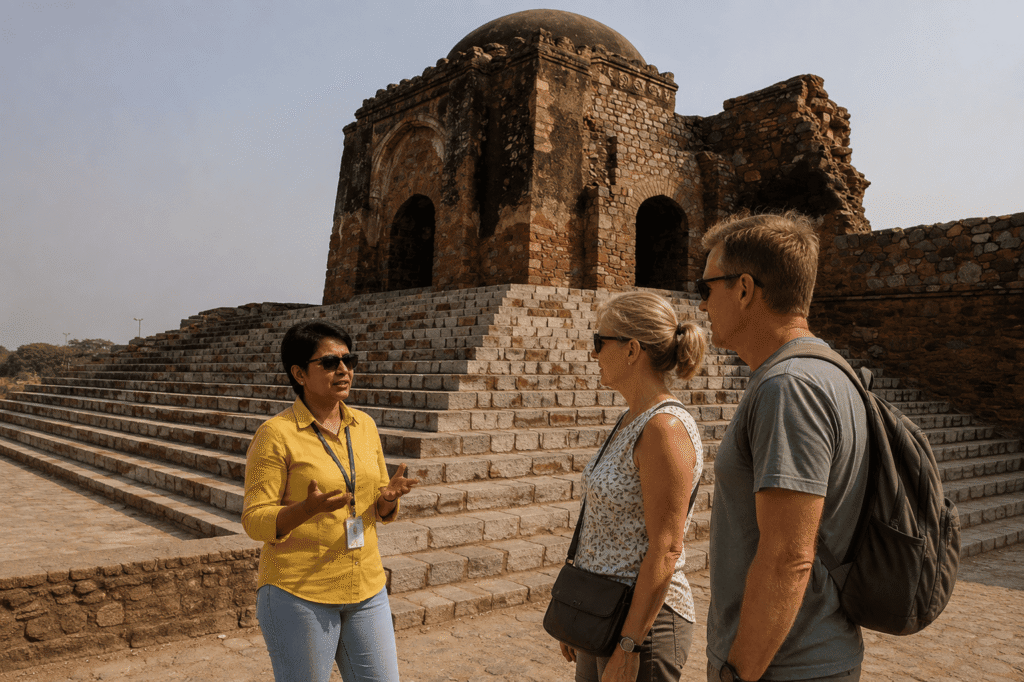 Delhi tour guide explaining the legends of Djinns at Feroz Shah Kotla Fort to travelers, one of the top hidden places in Delhi