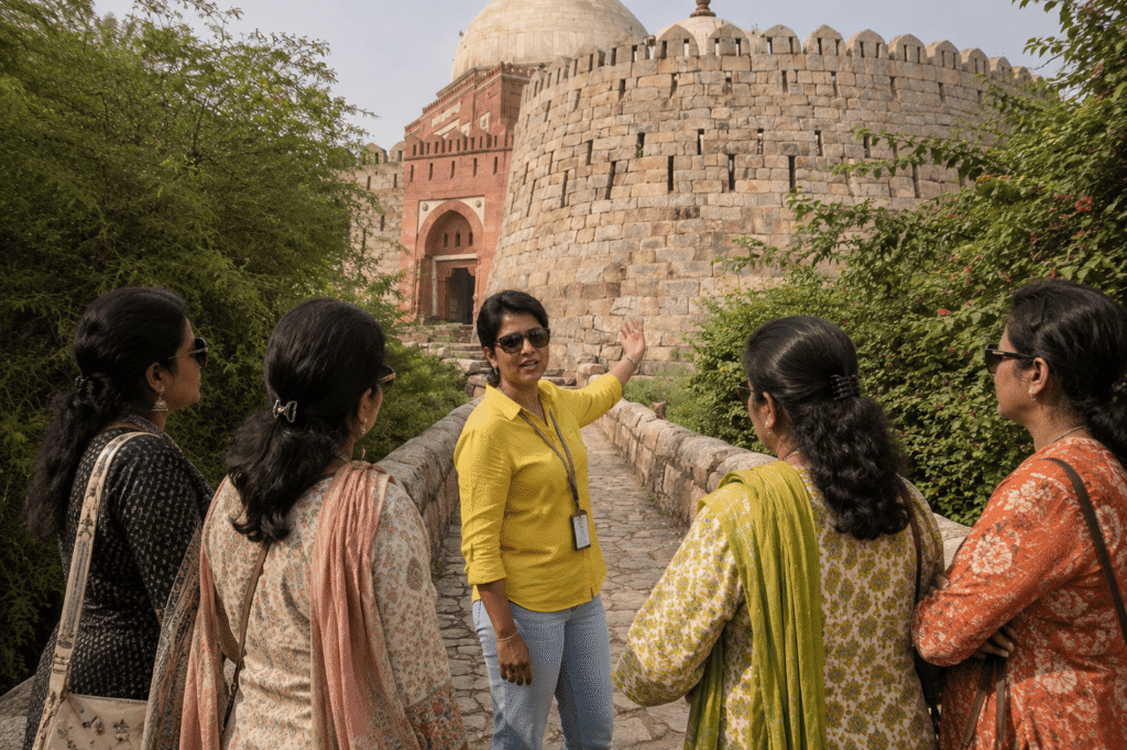 Delhi tour guide explaining the history of Ghiyasuddin Tughlaq Tomb causeway and Tughlaqabad Fort, one of the hidden places in Delhi