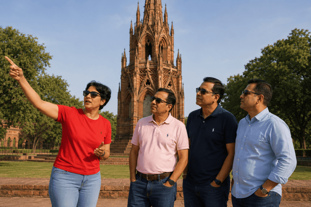 Delhi tour guide explaining 1857 Uprising history to travelers in front of Ajitgarh Mutiny Memorial on Northern Ridge, one of the hidden places in Delhi