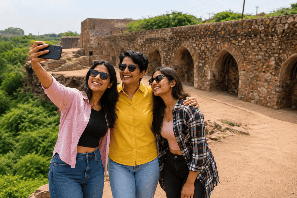 Delhi tour guide taking a selfie with young travelers at Satpula bridge, one of the hidden places in Delhi