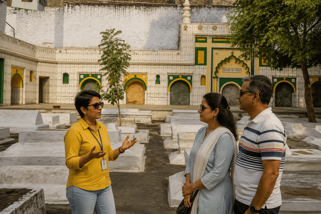 Delhi tour guide telling historical stories to visitors at Hijron Ka Khanqah, a peaceful spiritual monument in Mehrauli and one of the hidden places in Delhi