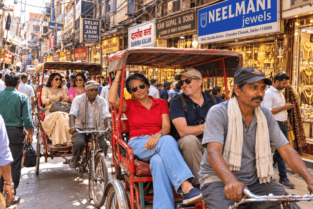In Old Delhi Shopping Tour International Tourists  enjoying a Rikshaw ride back to car through narrow lanes – Bazaar Walk, Street Food & Local Life
