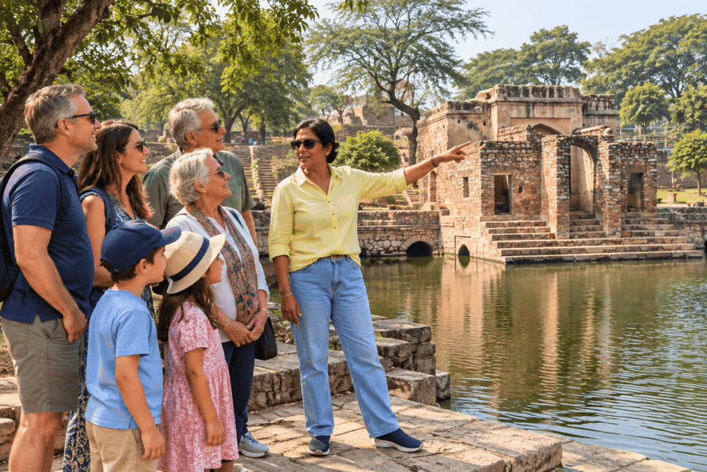alt="Harry in a yellow shirt and blue jeans guiding international guests by a historic water tank during a heritage walk in Delhi   