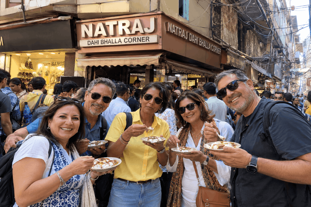 on  Delhi Shopping Tour Mexican Tourists enjoy Dahi Bhalla at Chandni chowk Bazaar Walk, Street Food & Local Life