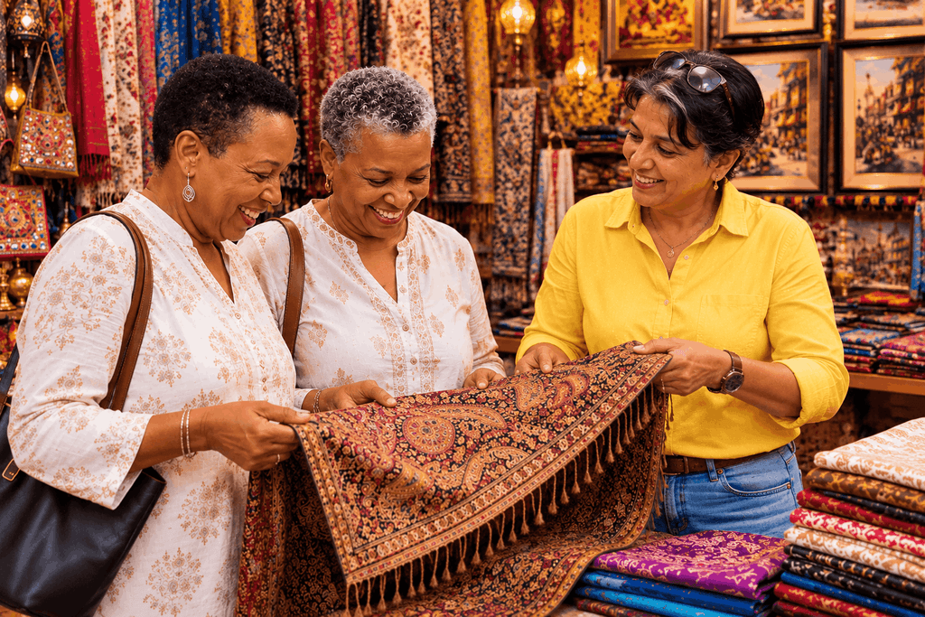 International Tourist buying best Pashmina at a good price in Chandni chowk on Old Delhi Shopping Tour – Bazaar Walk, Street Food & Local Life