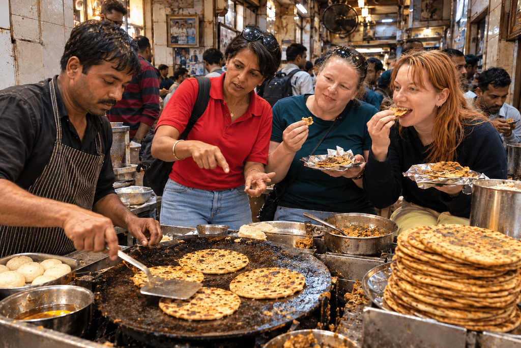 Old Delhi Bazaars – International tourists tasting local parathas a popular  Street Food on a  Old Guided Adventure