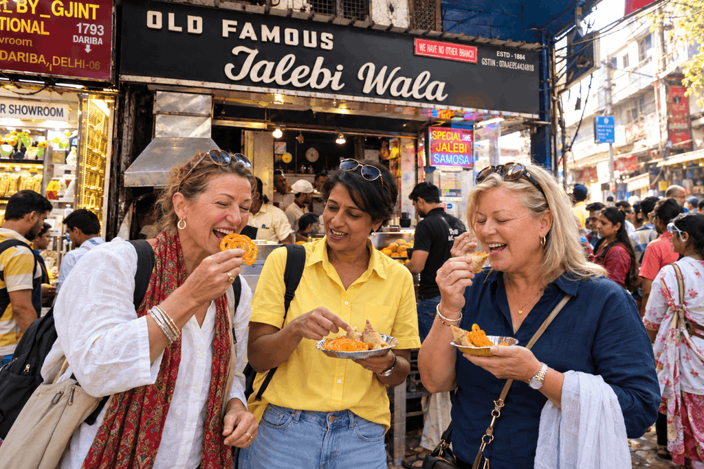 on  Delhi Shopping Tour Australian ladies having fun tasting the famous samosa and jalebis – Bazaar Walk, Street Food & Local Life