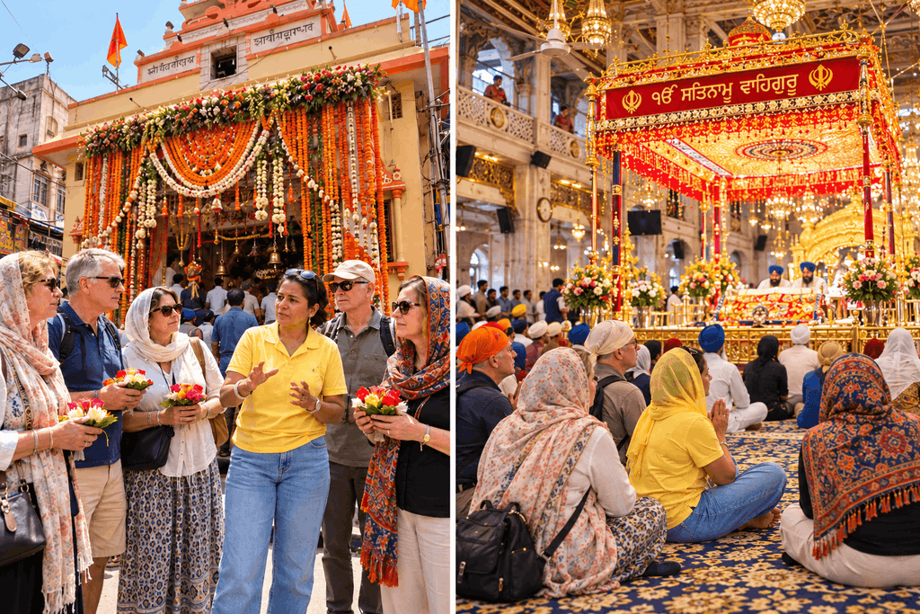 International Tourists visiting a Hindu temple and Gurdwara both at Chandni chowk with Harry Delhi Bazaars & Legendary Street Food: A First-Timer’s Guided Adventure
