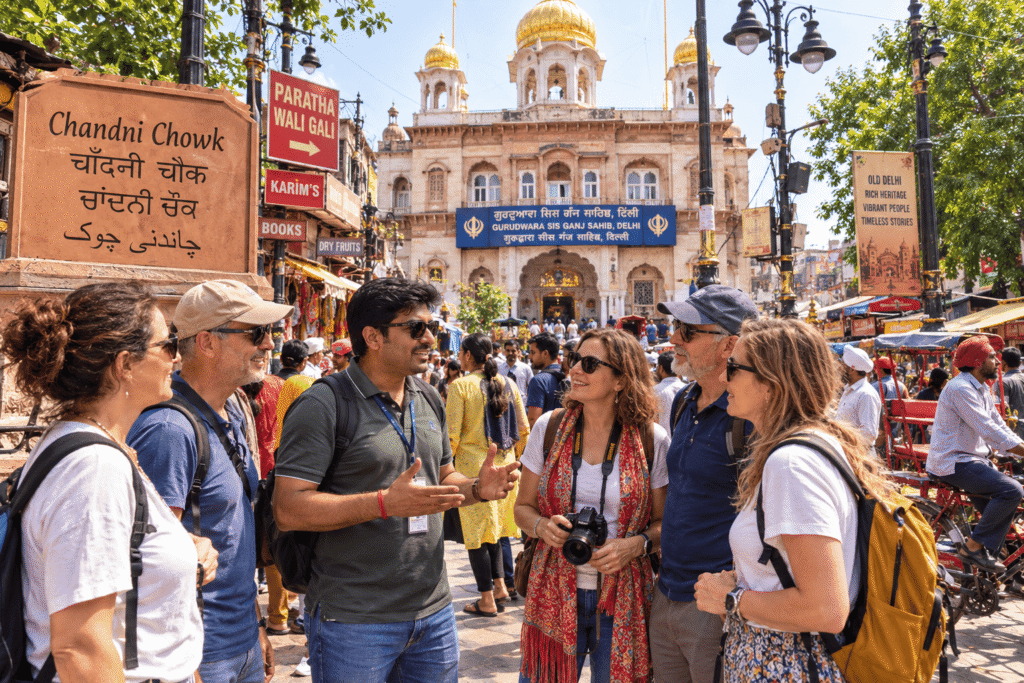 Old Delhi Tour Guide – Old Delhi Walking Tour with Local Companion Meet Nikhil with Canadian tourists at Sisganj Gurdwara